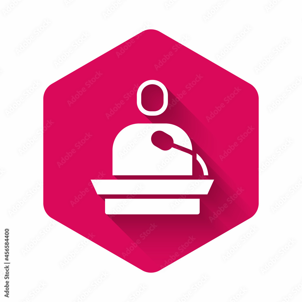 Poster white gives lecture icon isolated with long shadow background. stand near podium. speak into microph