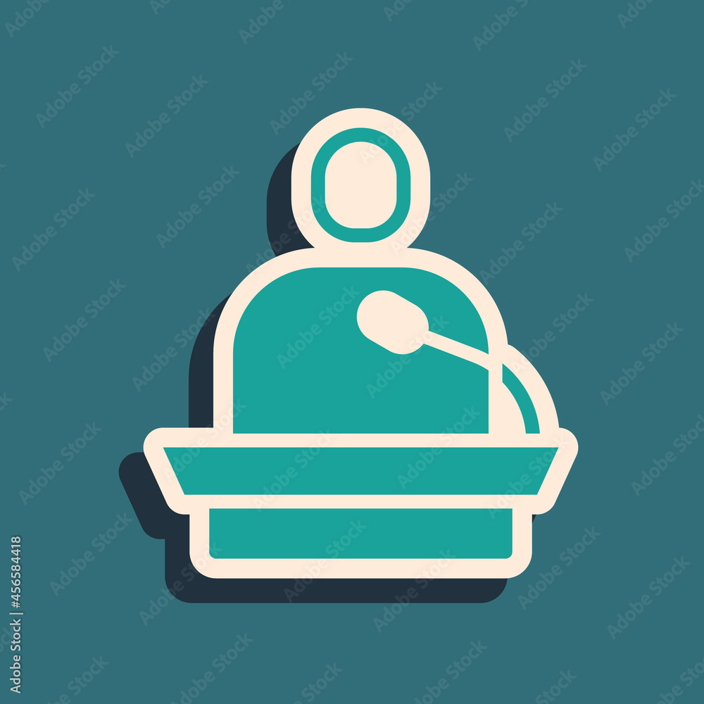 Poster green gives lecture icon isolated on green background. stand near podium. speak into microphone. the