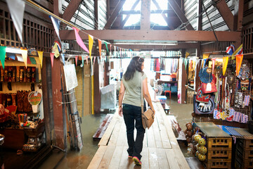 Rear view of woman walking through market, Bangkok, Krung Thep, Thailand, Asia