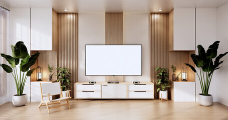 Cabinet wooden display design on room japanese minimalist living roon unterior, 3D rendering
