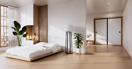 Bed room japanese design on tropical room interior and tatami mat floor. 3D rendering