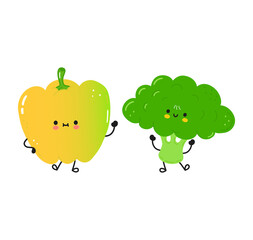 Cute happy pepper and broccoli. Vector hand drawn doodle style cartoon character illustration icon design. Сard whith cute happy pepper and broccoli. Friends concept