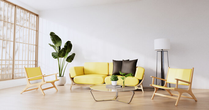 Interior scene mock up with yellow sofa and decoration on room minimalism. 3D rendering