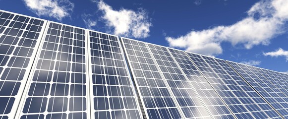 Green energy, solar panels, blue sky with clouds, alternative energy sources, 3D rendering