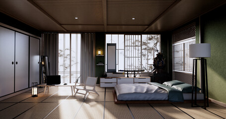 Obraz na płótnie Canvas Bedroom japanese minimal style.,Modern green wall and wooden floor, room minimalist. 3D rendering