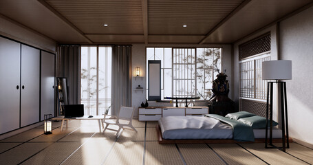 Fototapeta na wymiar Bed room japanese design on tropical room interior and tatami mat floor. 3D rendering
