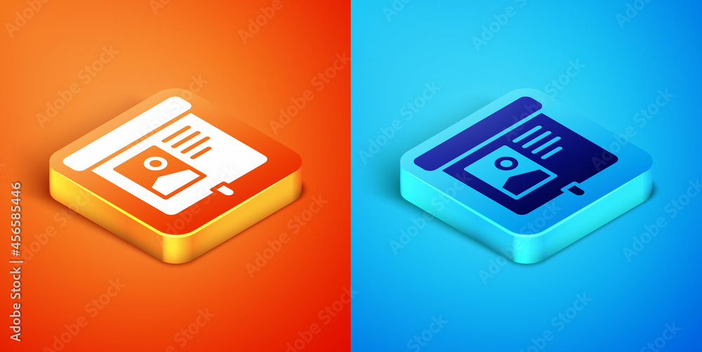 Poster isometric projection screen icon isolated on orange and blue background. business presentation visua