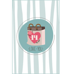 Vector greeting card on the theme of valentine's day with a tear-off paper calendar on a striped background. Illustration in simple hand-drawn style for printing cards and posters for gifts.