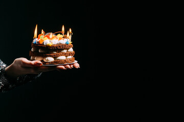 Happy birthday. Festive bakery. Party celebration. Advertising background. Elegant female hands...