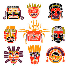 Aztec, Maya Or Inca Traditional Masks. Set With Different Colorful Masks. Hand Drawn Vector Illustration.
