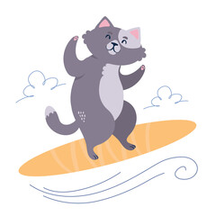 cat surfer blancing on a surfboard. Editable vector illustration