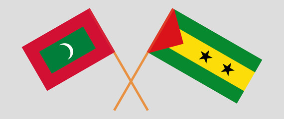 Crossed flags of Maldives and Sao Tome and Principe. Official colors. Correct proportion