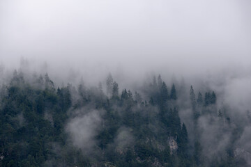 un panorama di montagna ricco di nuvole, una brutta giornata di montagna con le nuvole dense sopra il bosco
