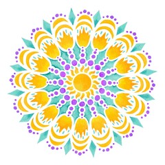 Fototapeta na wymiar Sun Mandala hand drawn illustration in bright colors - turquoise, orange, yellow; isolated on white background, with flame elements, bogemian boho style for tattoos, greeting cards, textile