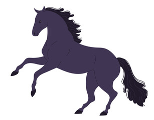 Fototapeta na wymiar Dark energetic horse with its front hooves raised on its hind legs