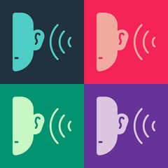 Pop art Ear listen sound signal icon isolated on color background. Ear hearing. Vector