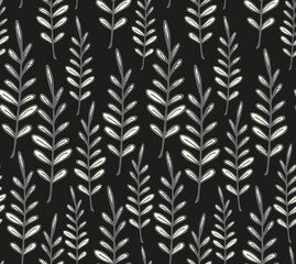 Hand drawn leaves seamless repeat pattern. Vector botany weed plant all over print on black background. 