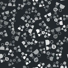 Grey Two sitting men talking icon isolated seamless pattern on black background. Speech bubble chat. Message icon. Communication or comment chat symbol. Vector