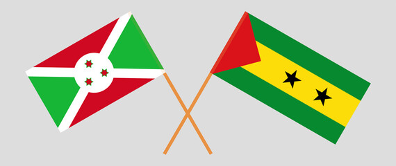 Crossed flags of Burundi and Sao Tome and Principe. Official colors. Correct proportion