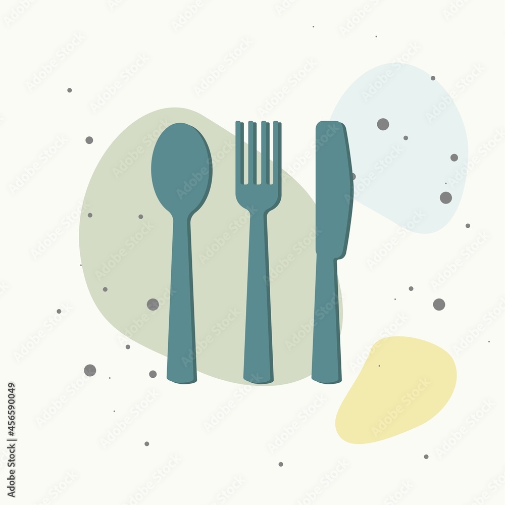 Poster vector set icon knife, fork, spoon. cutlery. table setting on multicolored background. layers groupe