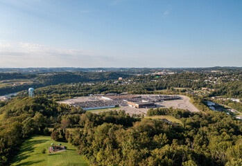 Obraz premium Aerial view of Morgantown in West Virginia from Dorseys Knob towards downtown. The almost abandoned Morgantown Mall in the foreground