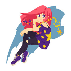 Space girl with a magic key and planets bracelet. Magical teenager in jeans, sneakers and pink hair. Vector character illustration isolated on white background.