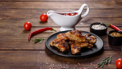 Grilled spicy chicken wings on a dark background with spices and herbs