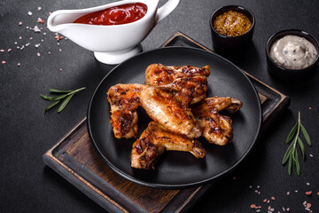 Grilled spicy chicken wings on a dark background with spices and herbs