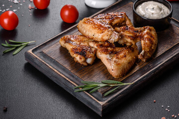Grilled spicy chicken wings on a dark background with spices and herbs