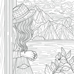 The girl on the train looks at the mountains.Coloring book antistress for children and adults. Illustration isolated on white background.Zen-tangle style. Hand draw