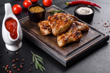 Grilled spicy chicken wings on a dark background with spices and herbs