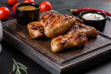 Grilled spicy chicken wings on a dark background with spices and herbs