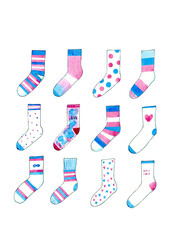 Transgender socks set in colors of transgender flag, watercolor illustration on white. Trendy LGBTQ Community clothes. No sex. . High quality photo