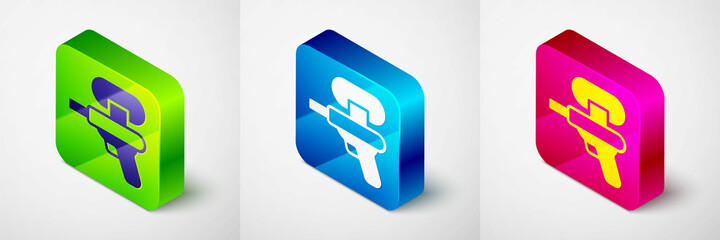 Isometric Water gun icon isolated on grey background. Square button. Vector