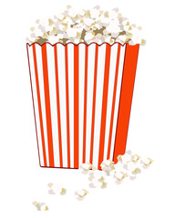 Popcorn in a paper bag - vector full color illustration. A full striped red paper bag with popcorn sprinkled around.