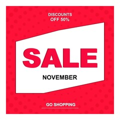Bright design about the sale in November on a red retro background. A banner with an offer of purchases and discounted prices. Vector illustration