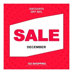Bright design on a red background. Sale in December. A banner with an offer of purchases and discounted prices. Vector illustration