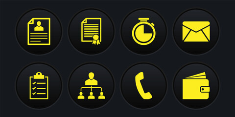 Set Clipboard with checklist, Envelope, Referral marketing, Telephone handset, Stopwatch and Certificate template icon. Vector