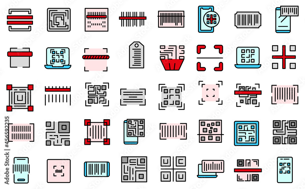 Poster code scanning icons set outline vector. qr barcode. mobile phone scanner