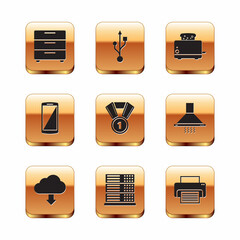 Set Furniture nightstand, Cloud download, Server, Data, Web Hosting, Medal, Smartphone, mobile phone and Toaster with toasts icon. Vector