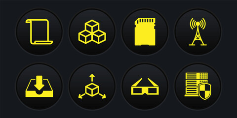 Set Download inbox, Antenna, Isometric cube, 3D cinema glasses, SD card and icon. Vector