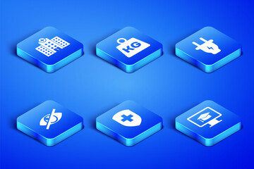 Set Monitor with graduation cap, Medical hospital building, shield cross, Invisible hide, Weight and Electric plug icon. Vector