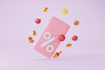 New Year's 3d coupon with a percentage. With Christmas toys, gold coins and Christmas trees. On a pink background. 3d rendering