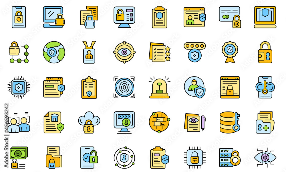 Poster privacy policy icons set outline vector. gdpr safety standard. europe data secure