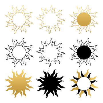 Various abstract sun. Set of boho sun icons. Golden gradient color. Wicca, alchemy, mystical, magic, celestial, esoteric, sacred, spiritual, occultism inspired concept. Hand drawn vector.