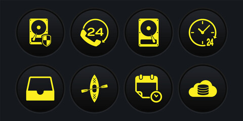 Set Social media inbox, Clock 24 hours, Kayak and paddle, Calendar clock, Hard disk drive HDD and Telephone support icon. Vector