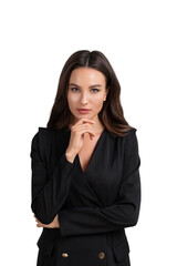Young attractive businesswoman wearing formal suit is touching h