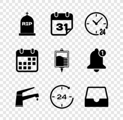 Set Tombstone with RIP written, Calendar, Clock 24 hours, Water tap, and Social media inbox icon. Vector