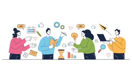 People workers characters working and thinking together. Vector flat cartoon graphic illustration