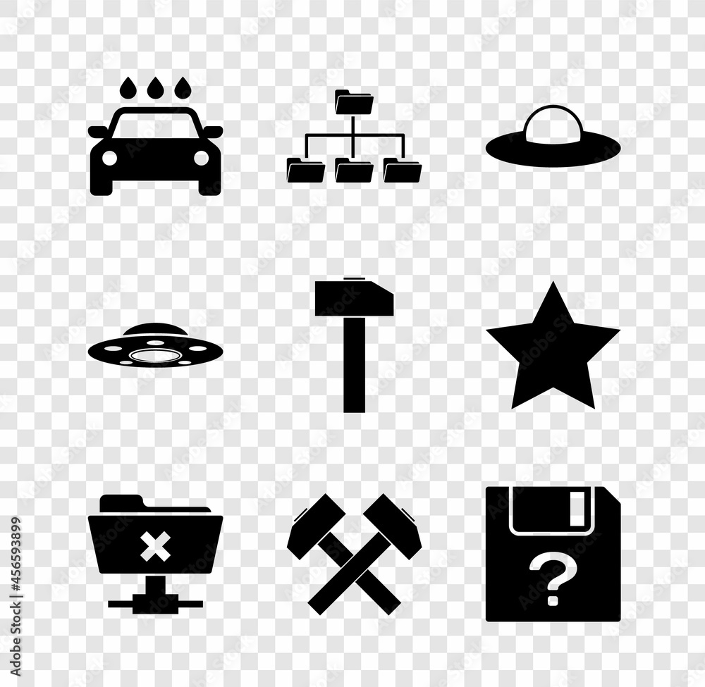 Aufkleber set car wash, folder tree, ufo flying spaceship, ftp cancel operation, two crossed hammers and unkno